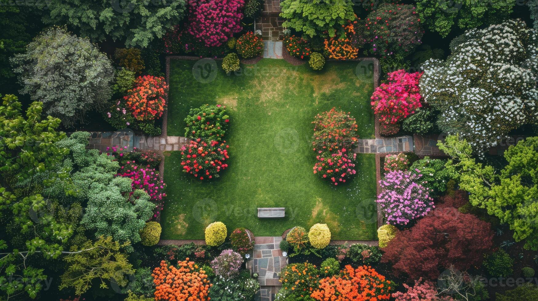 Beautiful garden with vibrant flowers and a bench. photo