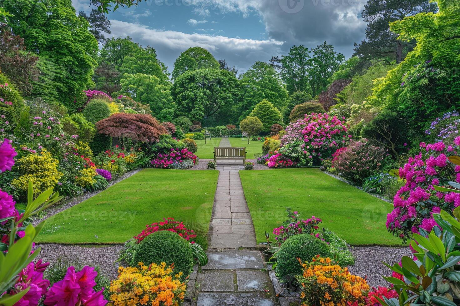 Beautiful garden with vibrant flowers and a bench. photo