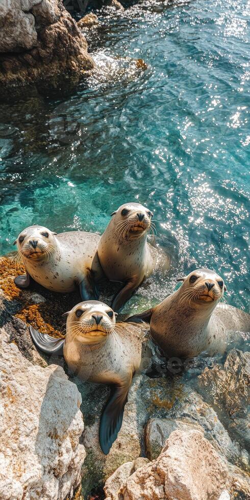 Seals are sitting together on a rock by the ocean with a scenic rocky background. Serene and natural moment of these marine animals in their habitat. photo