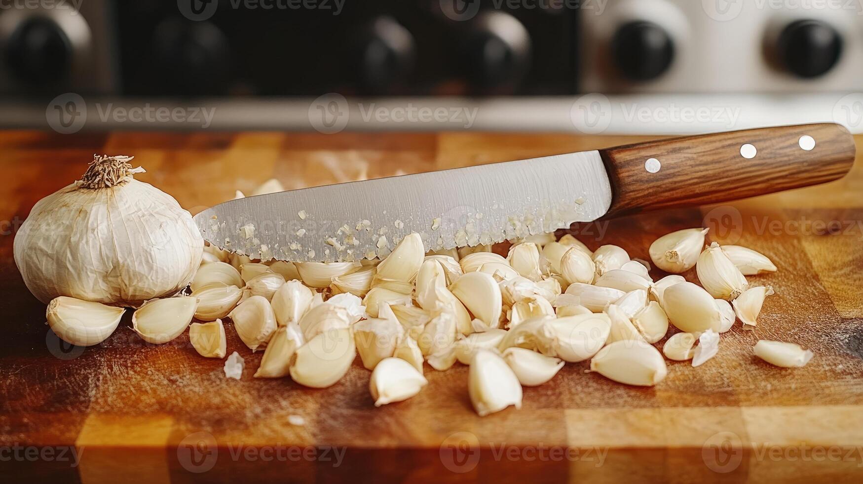 Fresh garlic on a cutting board photo