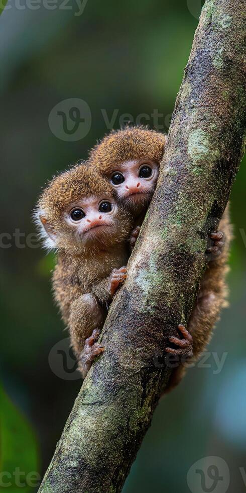 Adorable monkeys peering with curiosity in the jungle. photo