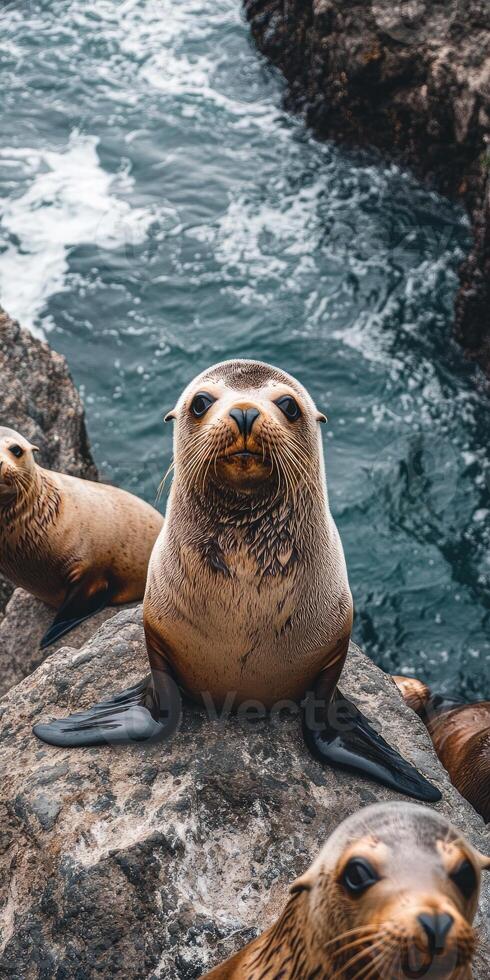 Seals are sitting together on a rock by the ocean with a scenic rocky background. Serene and natural moment of these marine animals in their habitat. photo