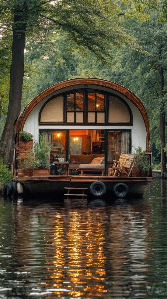 Modern floating house on calm water surrounded by trees. photo