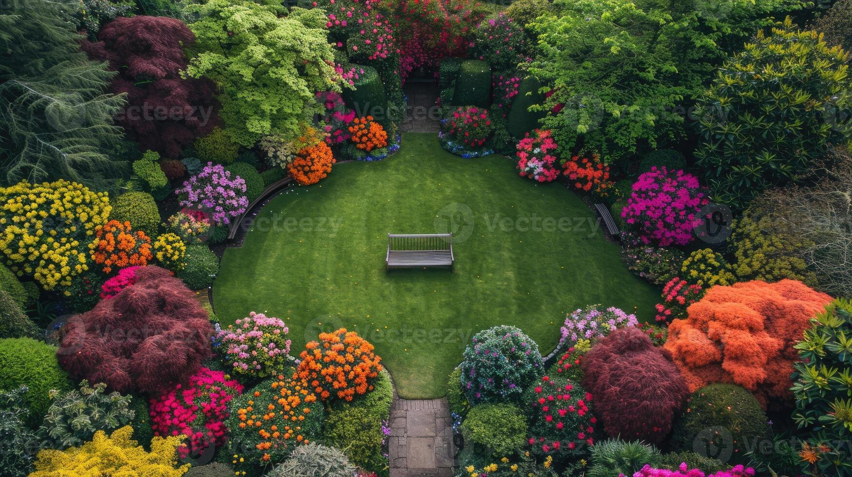 Beautiful garden with vibrant flowers and a bench. photo
