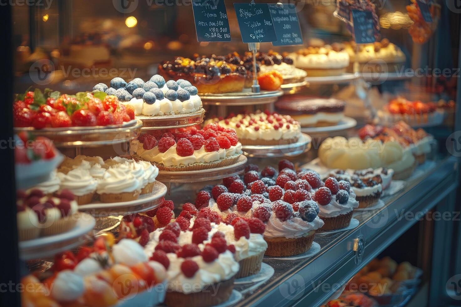 Assortment of desserts with fruits, displayed on a wooden counter under lighting. photo