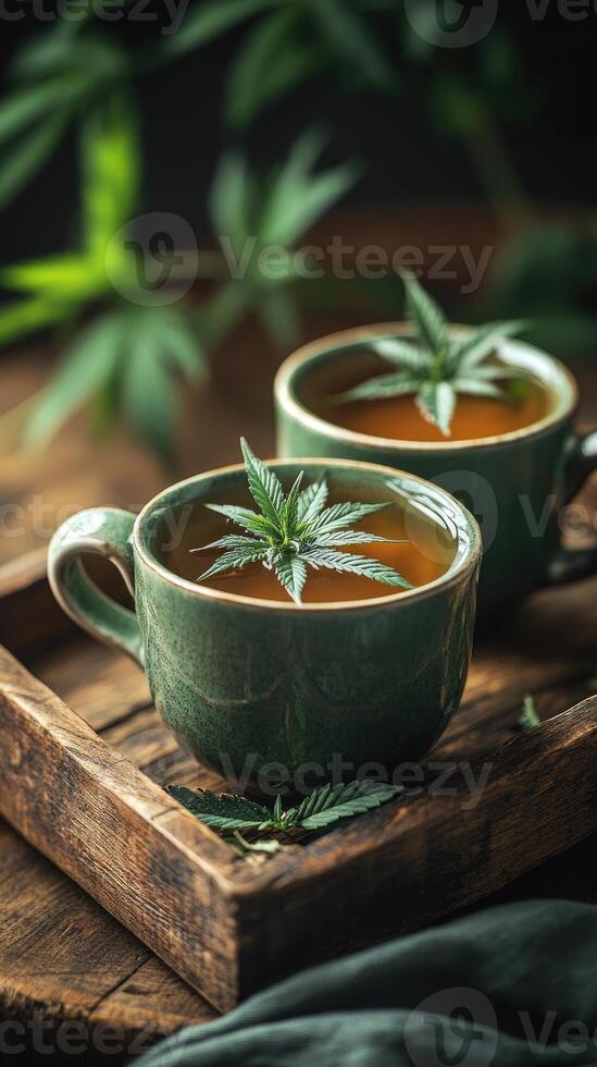 Cup of herbal tea with a cannabis leaf floating on it, surrounded by additional cannabis leaves and buds on a wooden tray photo