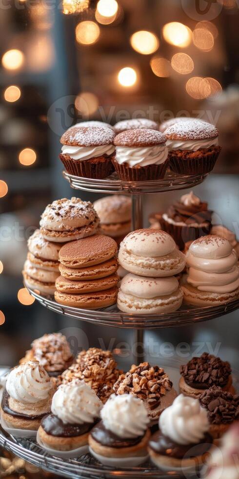 Assortment of desserts with fruits, displayed on a wooden counter under lighting. photo