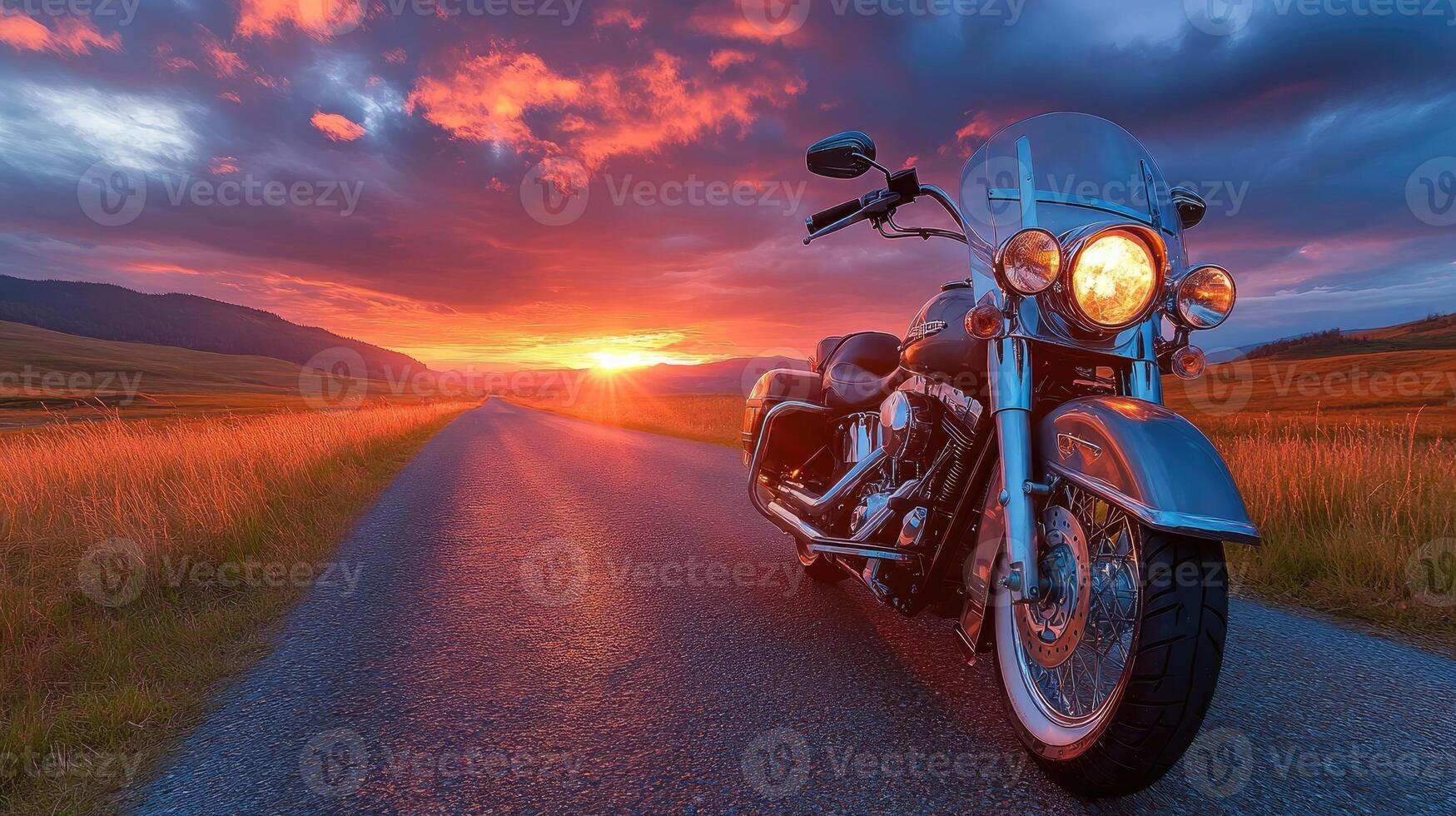 A stunning motorcycle parked on a rural road at sunset, highlighting its metallic parts against a dramatic sky, symbolizing freedom and adventure in a modern, artistic style. photo