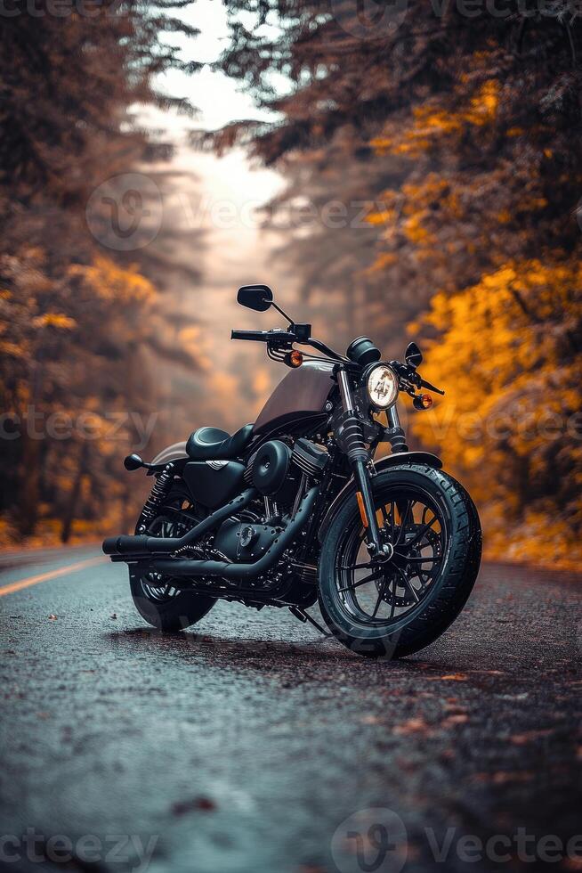 A stunning motorcycle parked on a rural road at sunset, highlighting its metallic parts against a dramatic sky, symbolizing freedom and adventure in a modern, artistic style. photo