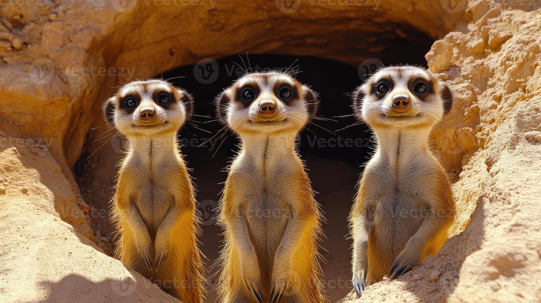 Group of meerkats standing upright in a sandy habitat photo