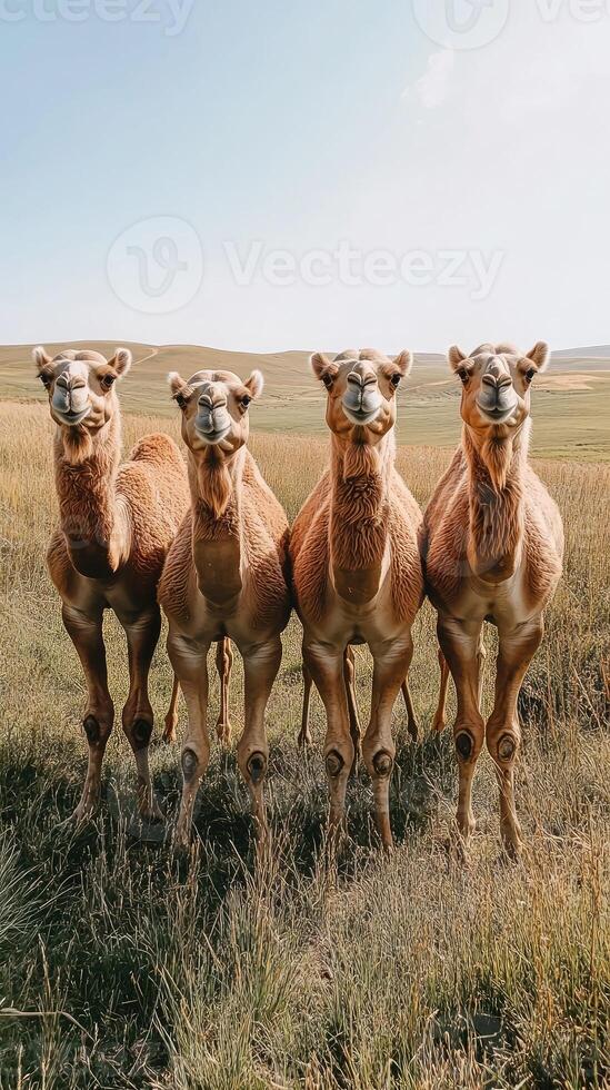 Camels standing in a grass field representing nature and wilderness in daylight. photo