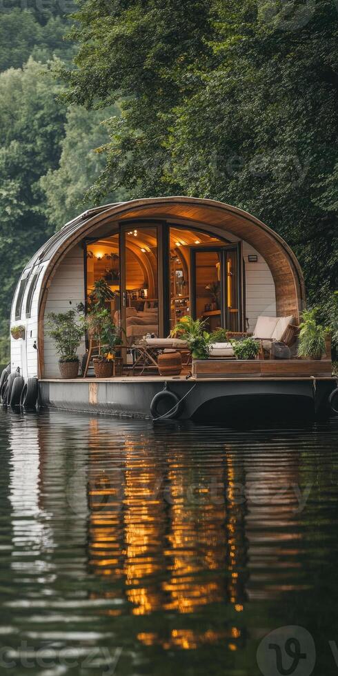 Modern floating house on calm water surrounded by trees. photo