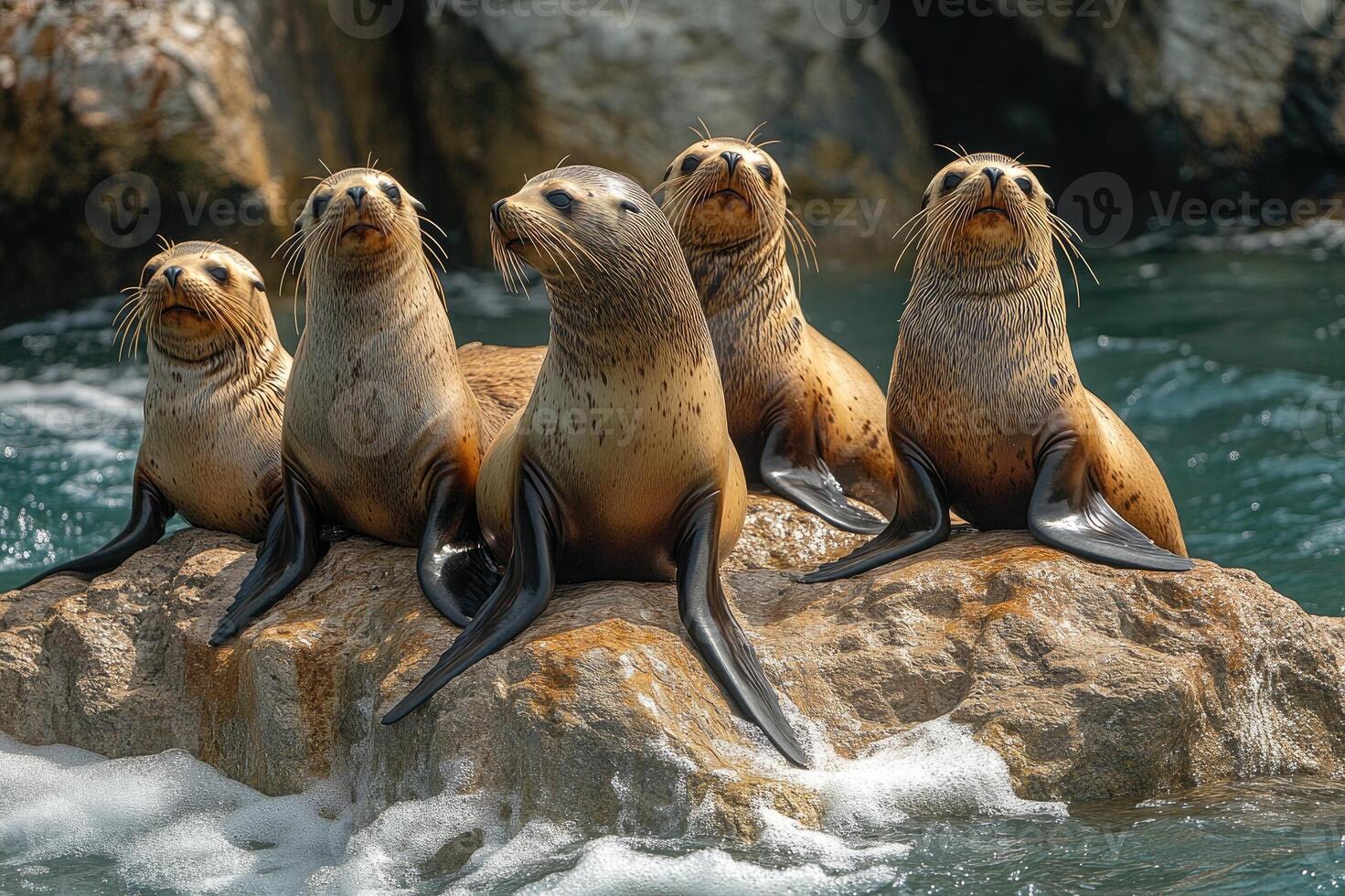 Seals are sitting together on a rock by the ocean with a scenic rocky background. Serene and natural moment of these marine animals in their habitat. photo