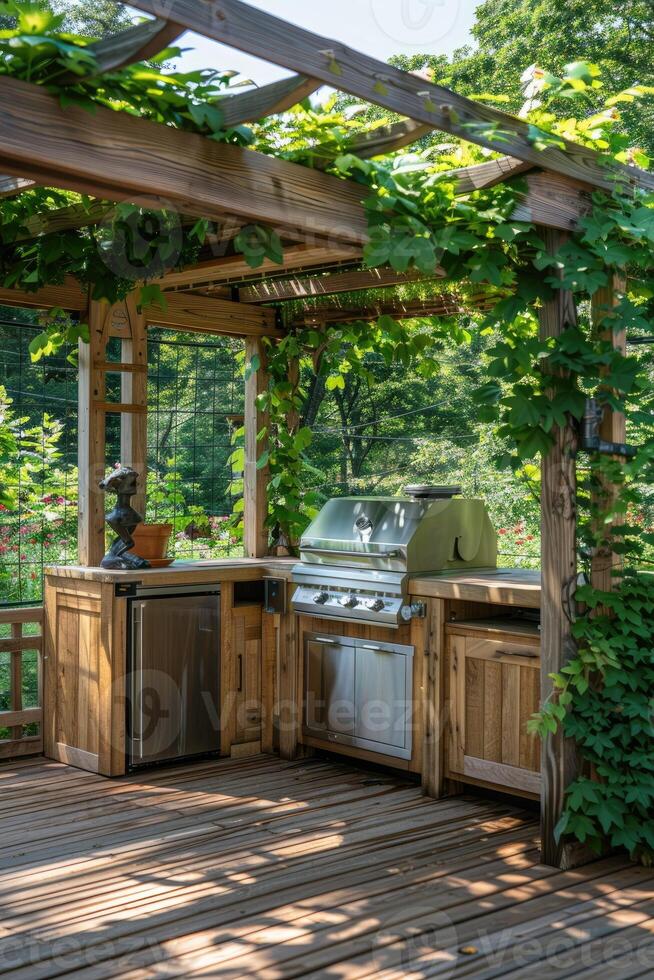 An inviting outdoor barbecue area featuring stainless steel grills, ample counter space, and lush greenery, perfect for outdoor cooking and dining experiences. photo