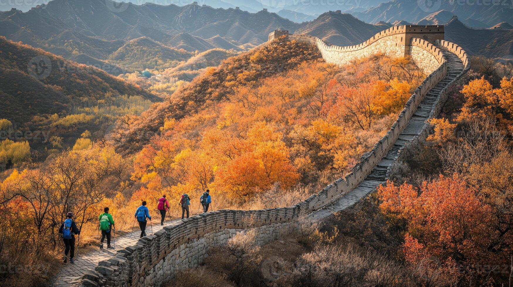 Great Wall of China with autumn foliage and tourists. photo
