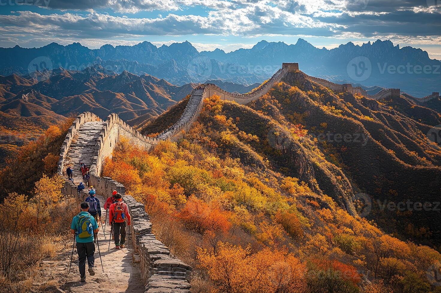 Great Wall of China with autumn foliage and tourists. photo
