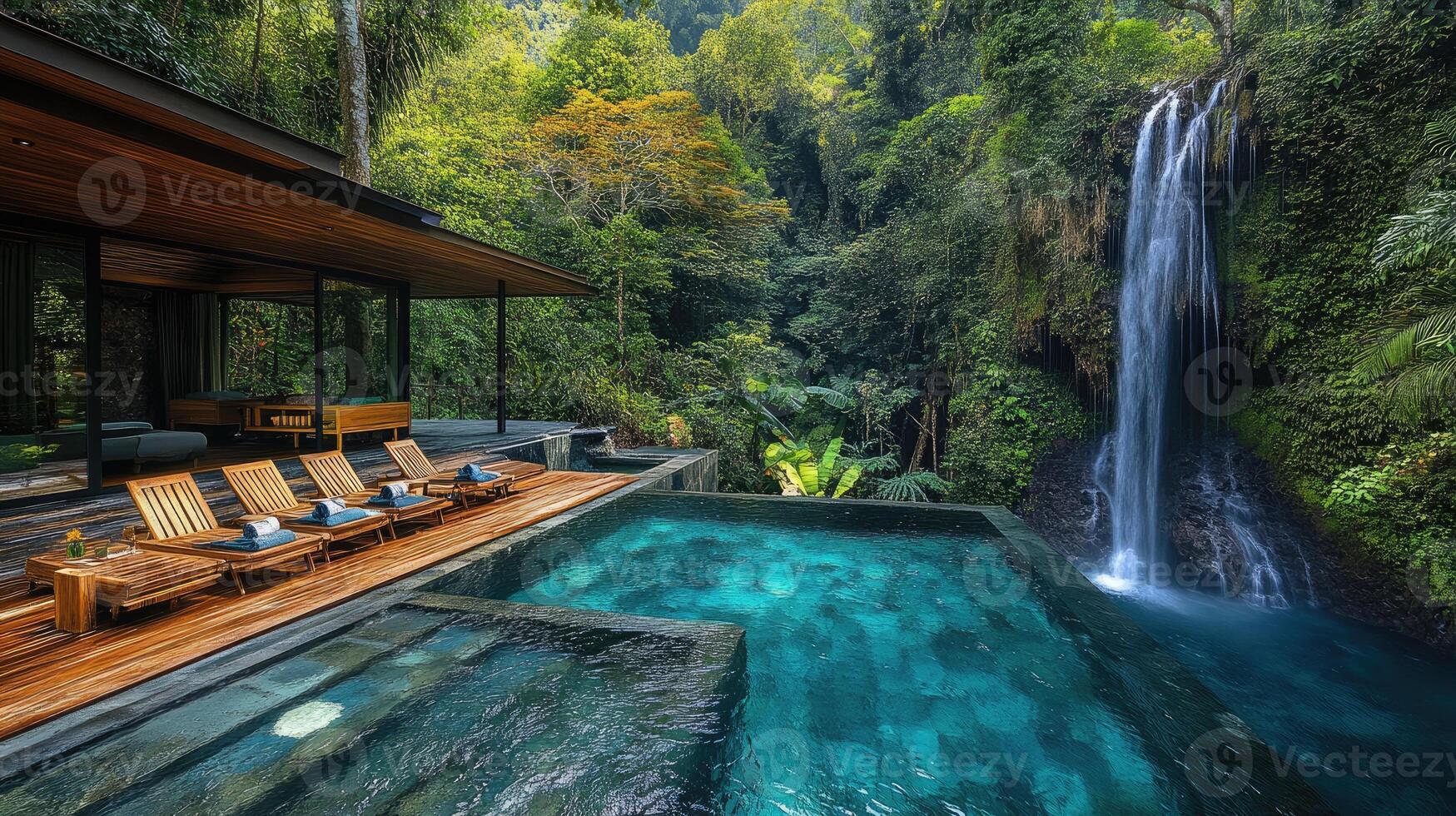 Tranquil swimming pool with wooden lounge chairs placed beside it, set against a picturesque waterfall surrounded by lush greenery in the forest. photo