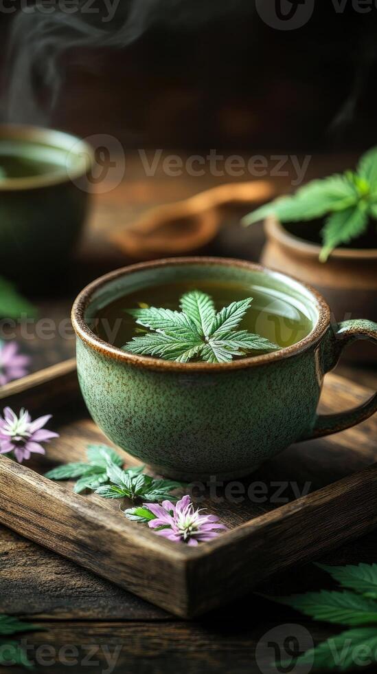 Cup of herbal tea with a cannabis leaf floating on it, surrounded by additional cannabis leaves and buds on a wooden tray photo
