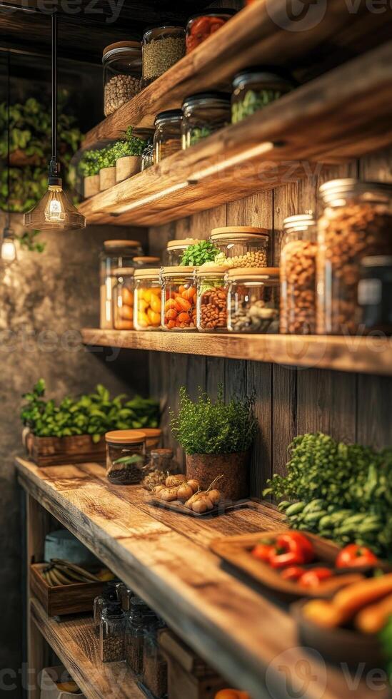 Organized pantry shelves with diverse food containers. photo