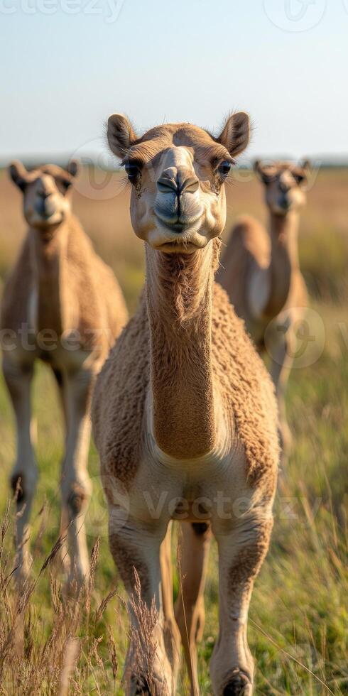 Camels standing in a grass field representing nature and wilderness in daylight. photo