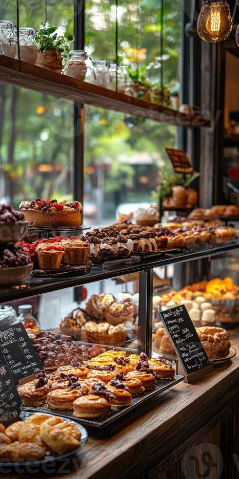 Assortment of desserts with fruits, displayed on a wooden counter under lighting. photo