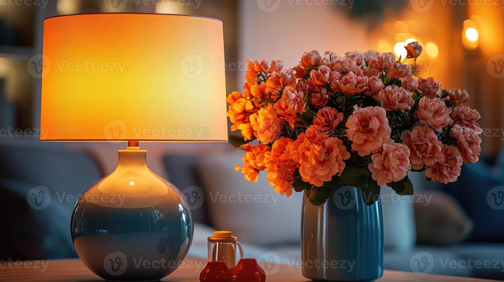 Elegant table lamp and flowers arrangement in a vase. photo