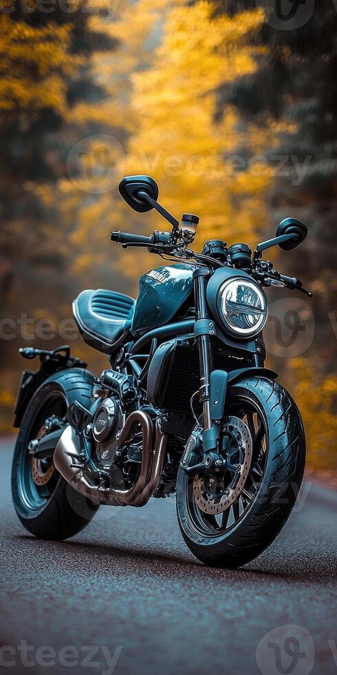 A stunning motorcycle parked on a rural road at sunset, highlighting its metallic parts against a dramatic sky, symbolizing freedom and adventure in a modern, artistic style. photo