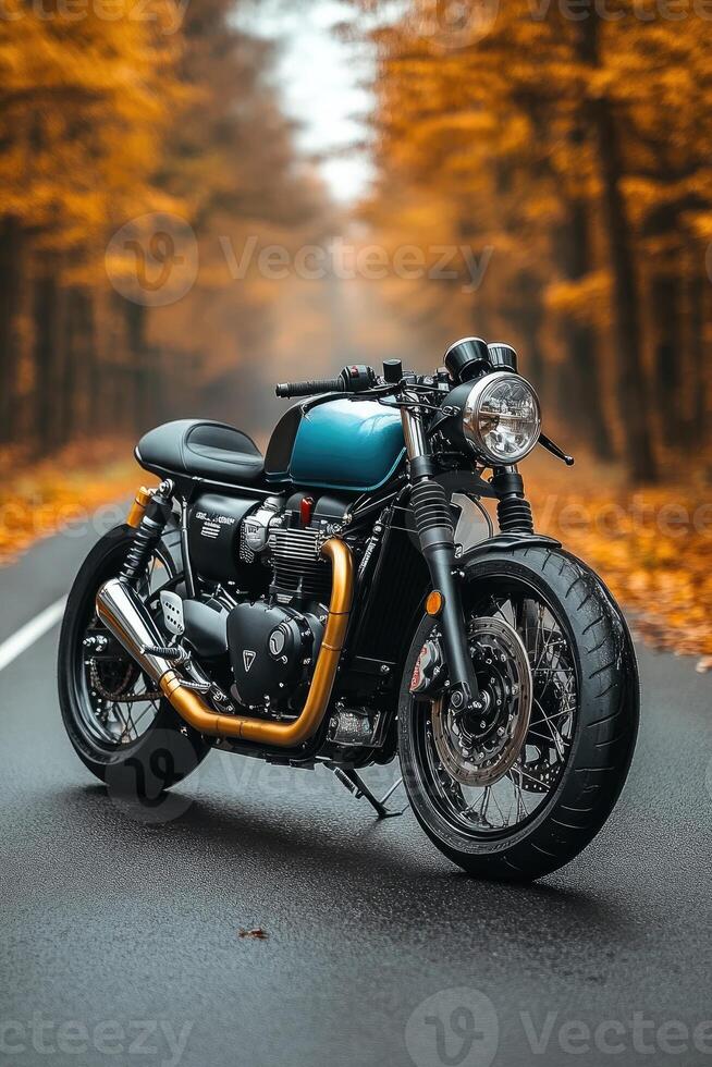 A stunning motorcycle parked on a rural road at sunset, highlighting its metallic parts against a dramatic sky, symbolizing freedom and adventure in a modern, artistic style. photo