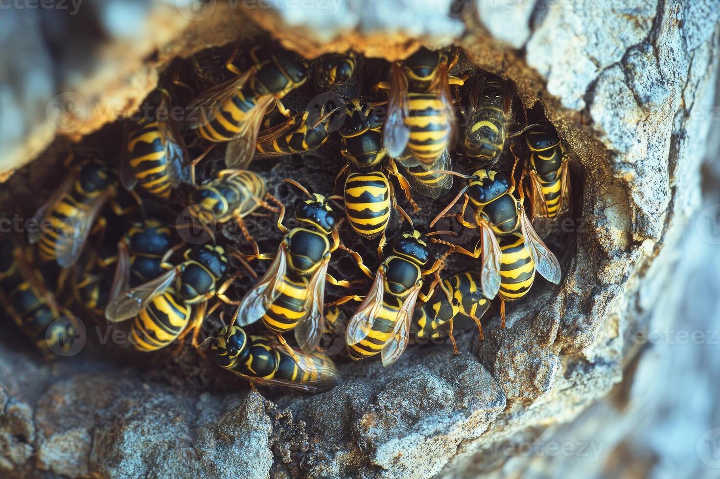 Close-up of wasp nest with multiple wasps in a tree. photo