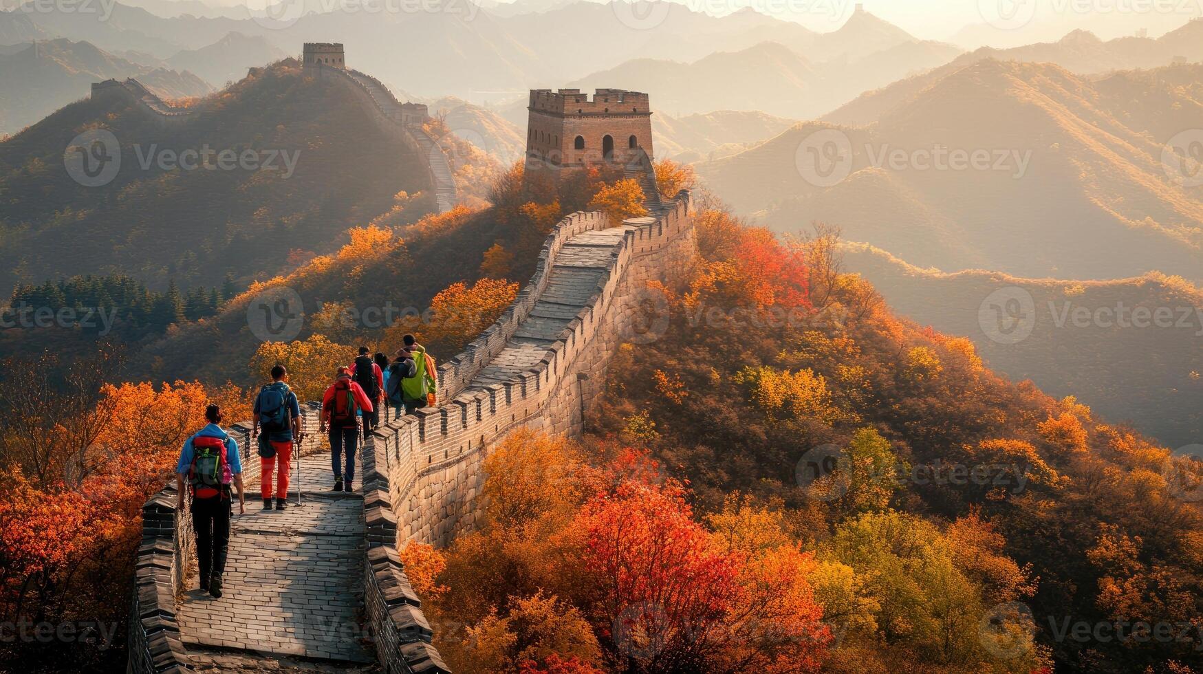 Great Wall of China with autumn foliage and tourists. photo