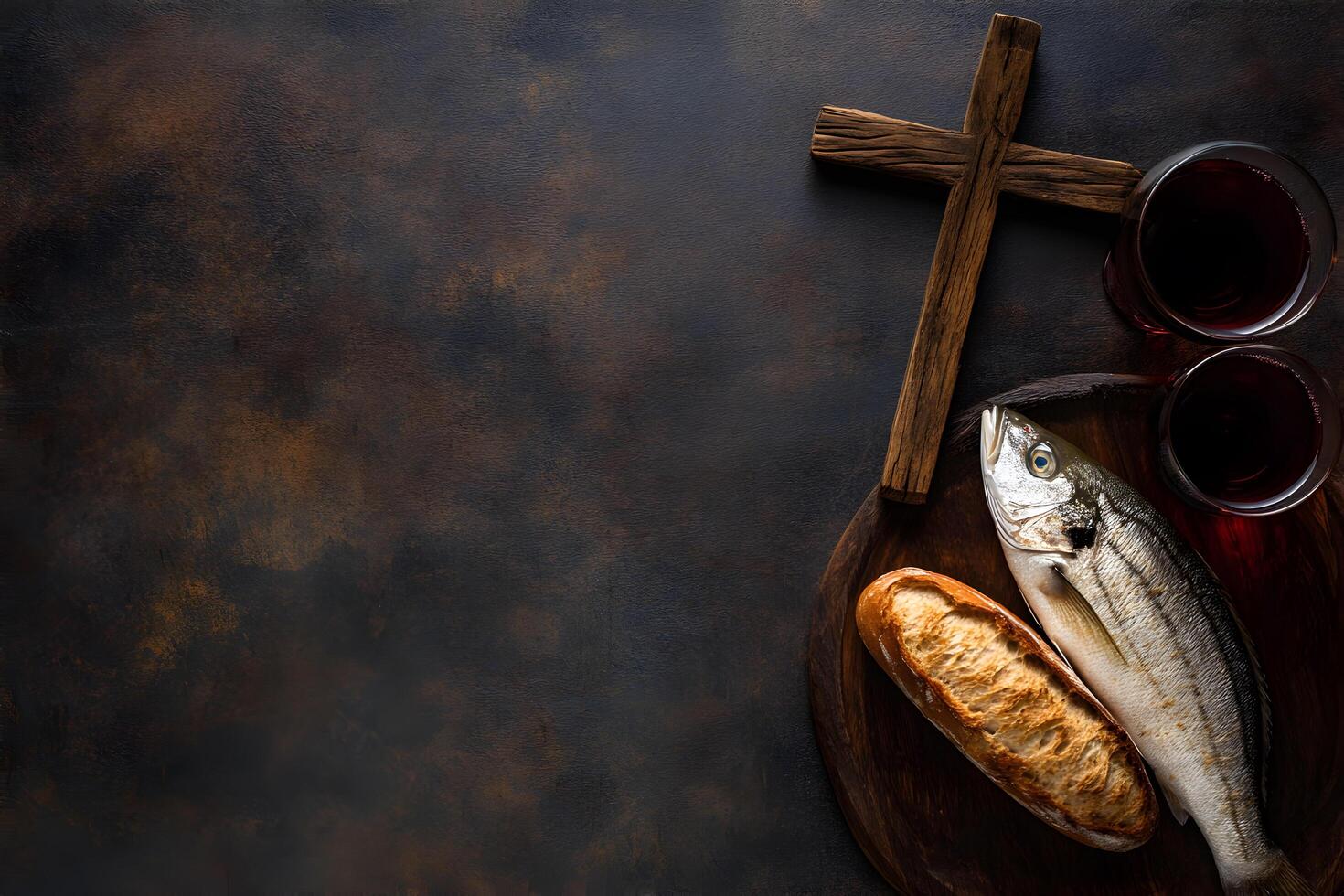 Bread, wine and holy cross as a concept of Jesus feeding multitudes photo