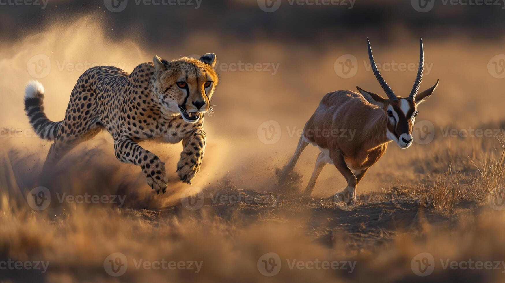 Cheetah chasing springbok gazelle during golden hour photo