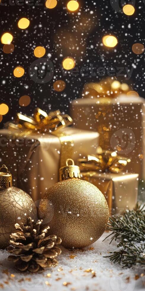 Christmas gifts and decorations with snow and lights. photo