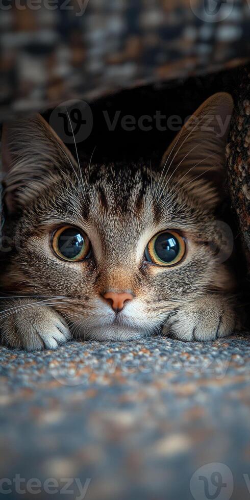 Curious cat hiding underneath furniture looking up with big eyes photo