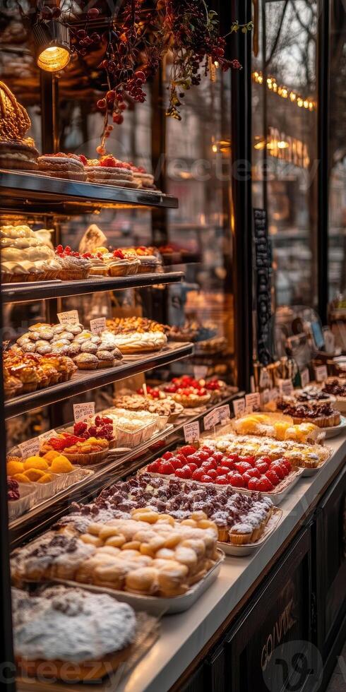 Assortment of desserts with fruits, displayed on a wooden counter under lighting. photo