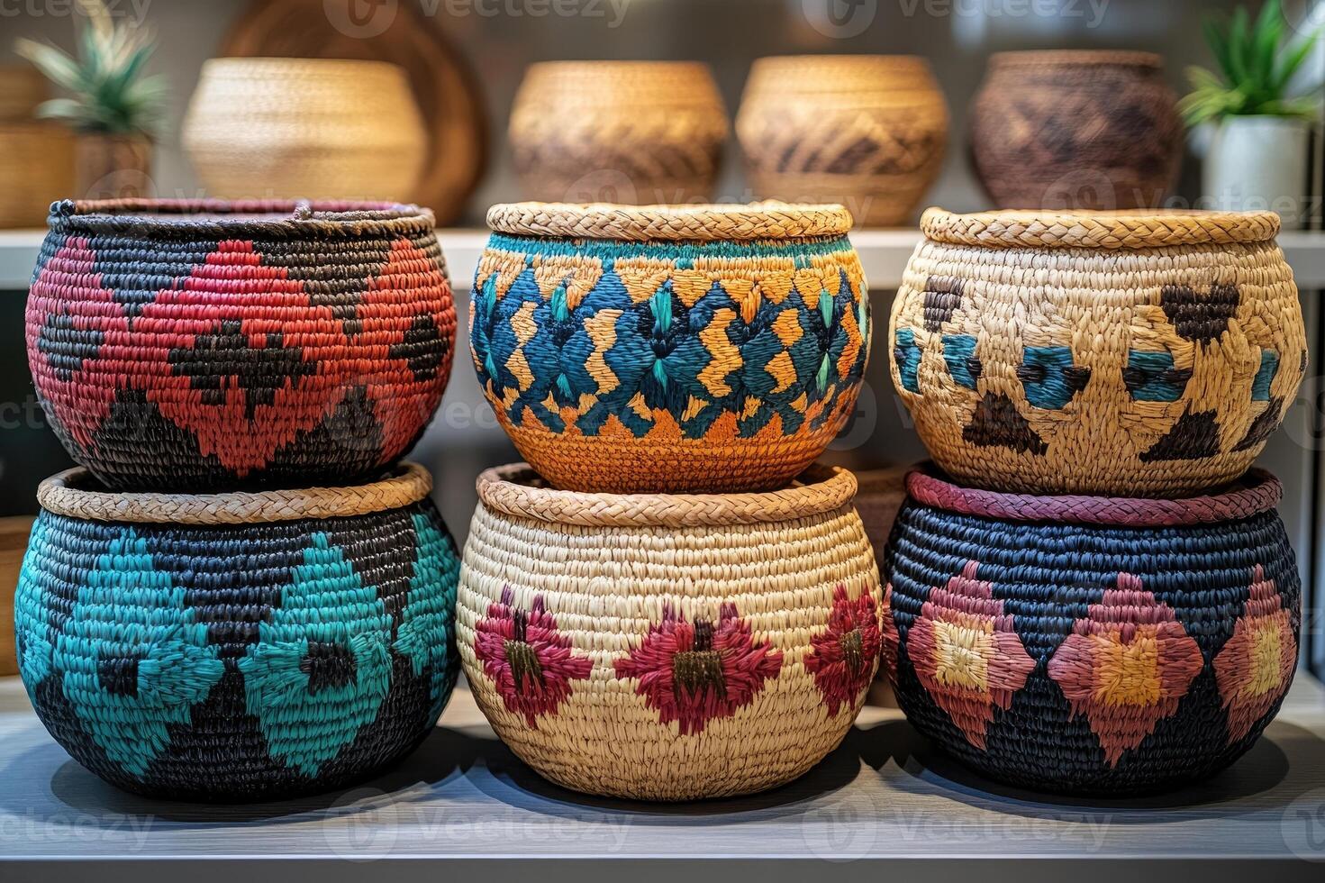 Colorful decorated pottery standing in a row on a shelf in a pottery workshop photo