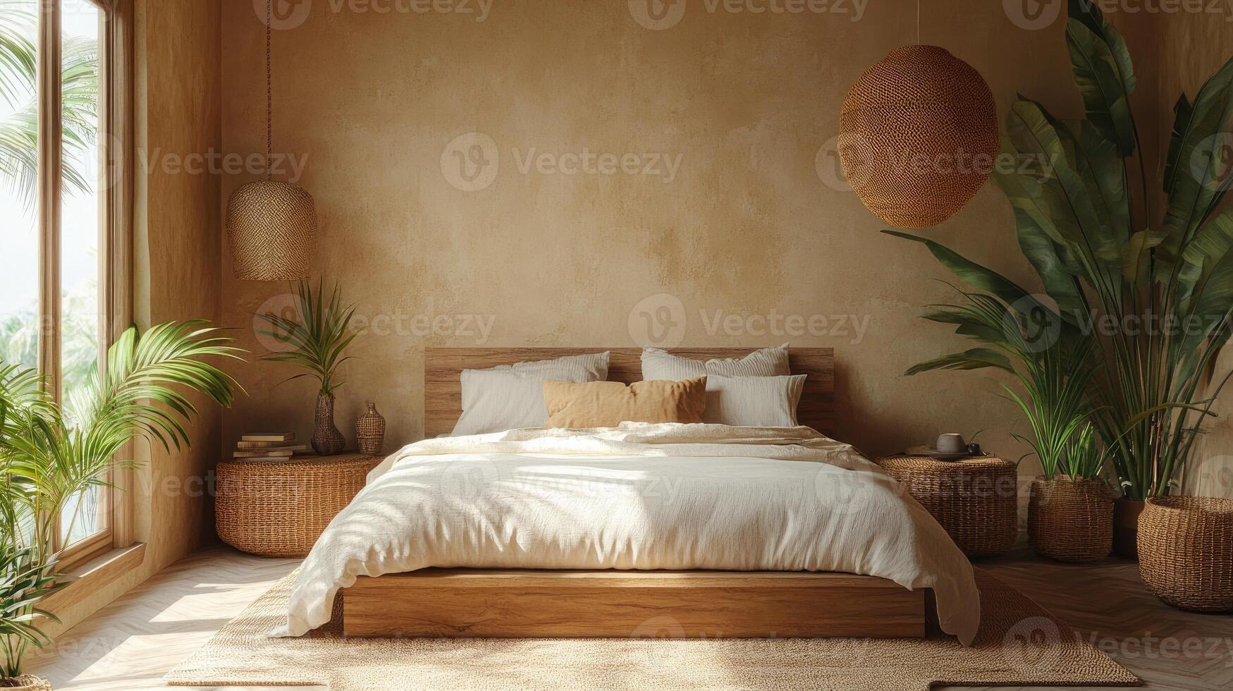 Scandinavian style bedroom with natural decor elements. photo