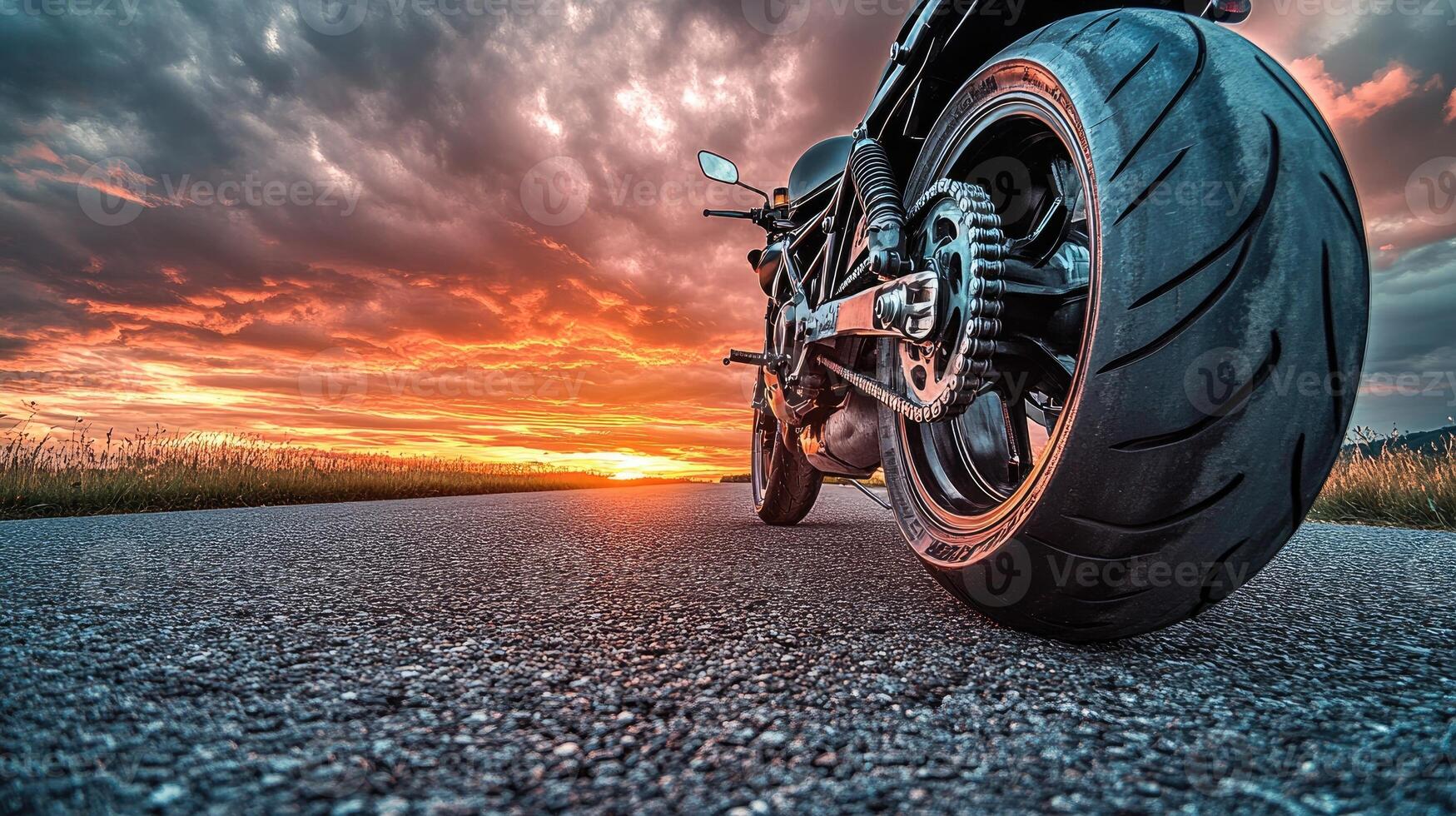 A stunning motorcycle parked on a rural road at sunset, highlighting its metallic parts against a dramatic sky, symbolizing freedom and adventure in a modern, artistic style. photo