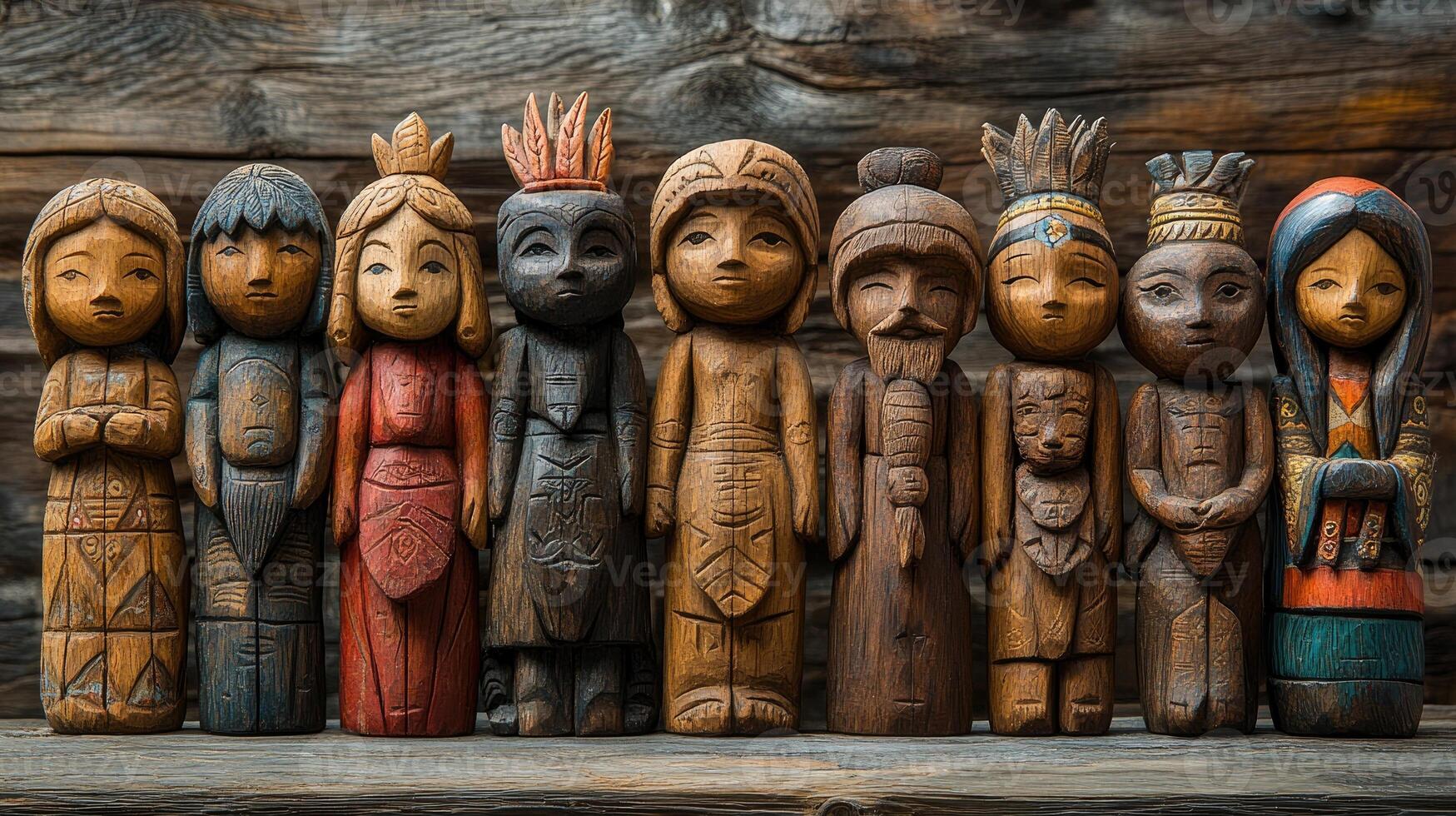 Row of traditional balinese wooden statues carved for selling to tourists photo