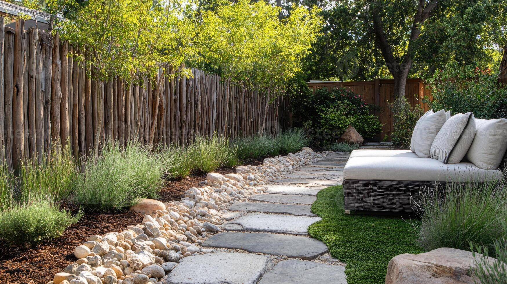 Modern wooden pergola with outdoor seating in garden. photo