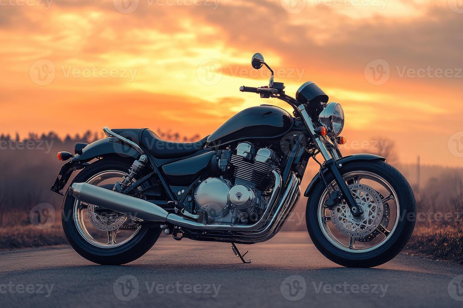 A stunning motorcycle parked on a rural road at sunset, highlighting its metallic parts against a dramatic sky, symbolizing freedom and adventure in a modern, artistic style. photo