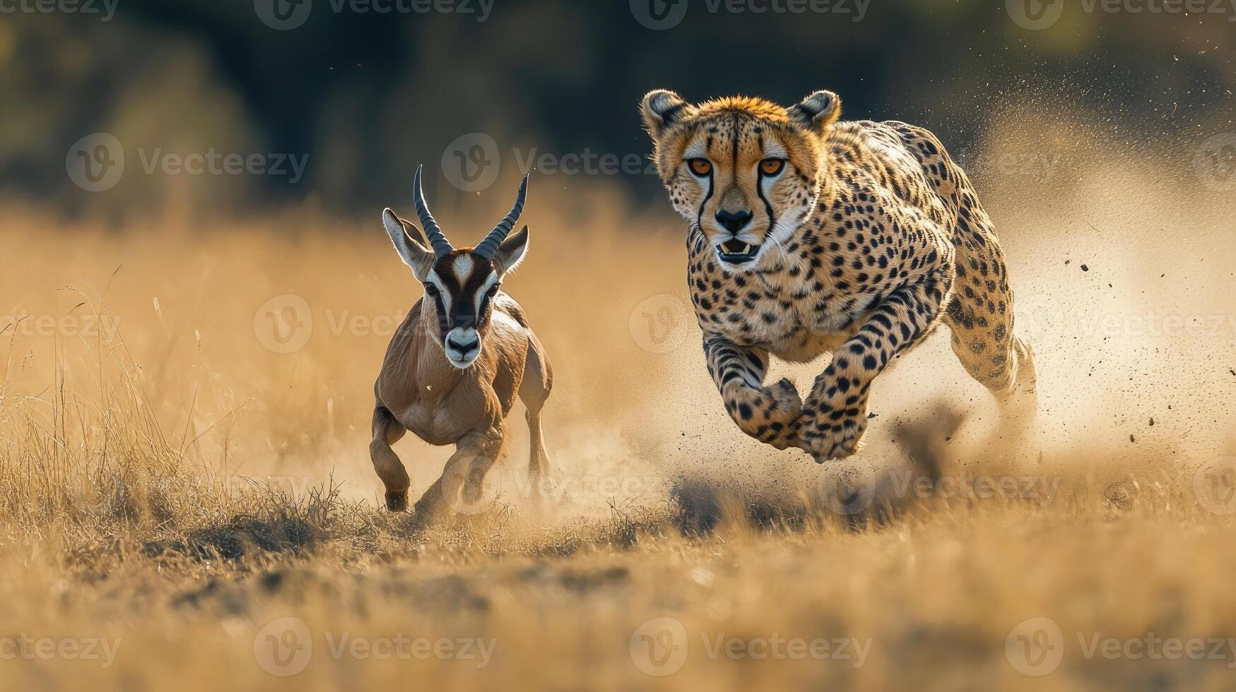 Cheetah chasing springbok gazelle during golden hour photo