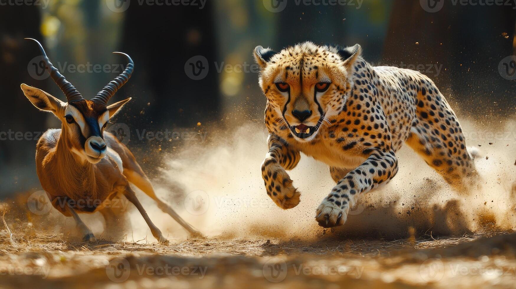 Cheetah chasing springbok gazelle during golden hour photo