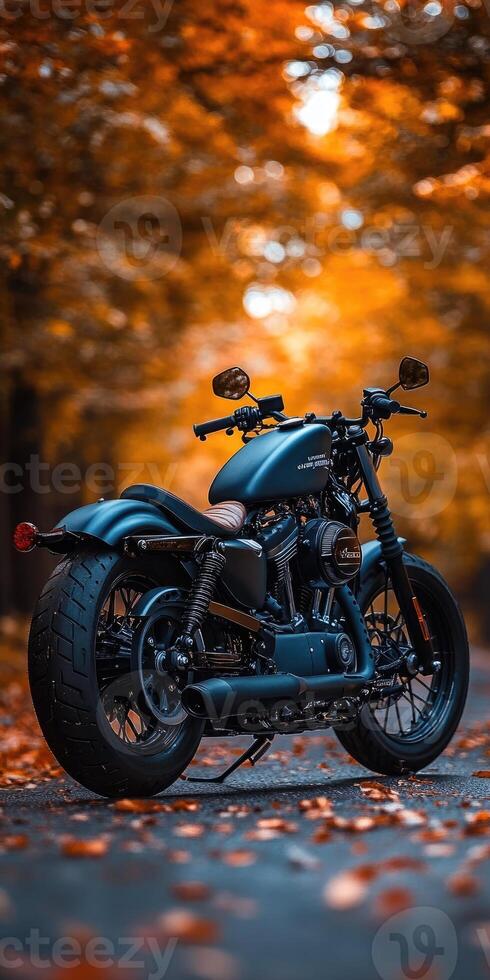 A stunning motorcycle parked on a rural road at sunset, highlighting its metallic parts against a dramatic sky, symbolizing freedom and adventure in a modern, artistic style. photo