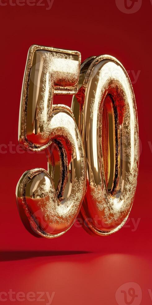 Golden number 50 in glitter with confetti on red background photo