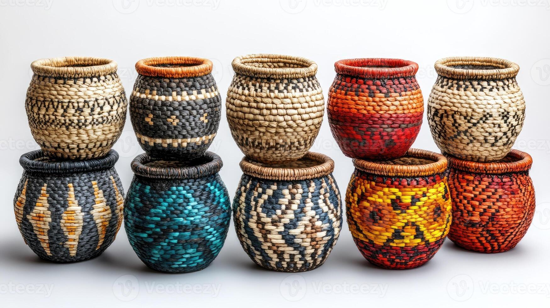 Colorful decorated pottery standing in a row on a shelf in a pottery workshop photo