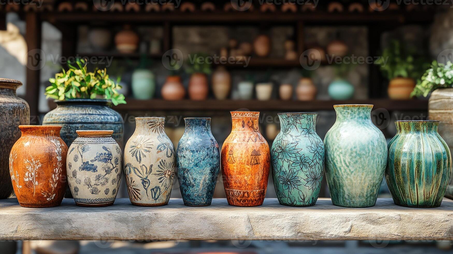 Colorful decorated pottery standing in a row on a shelf in a pottery workshop photo