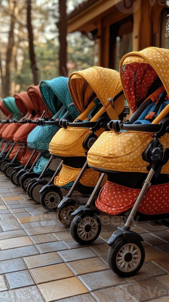Many empty colorful baby strollers standing in line in autumn park photo