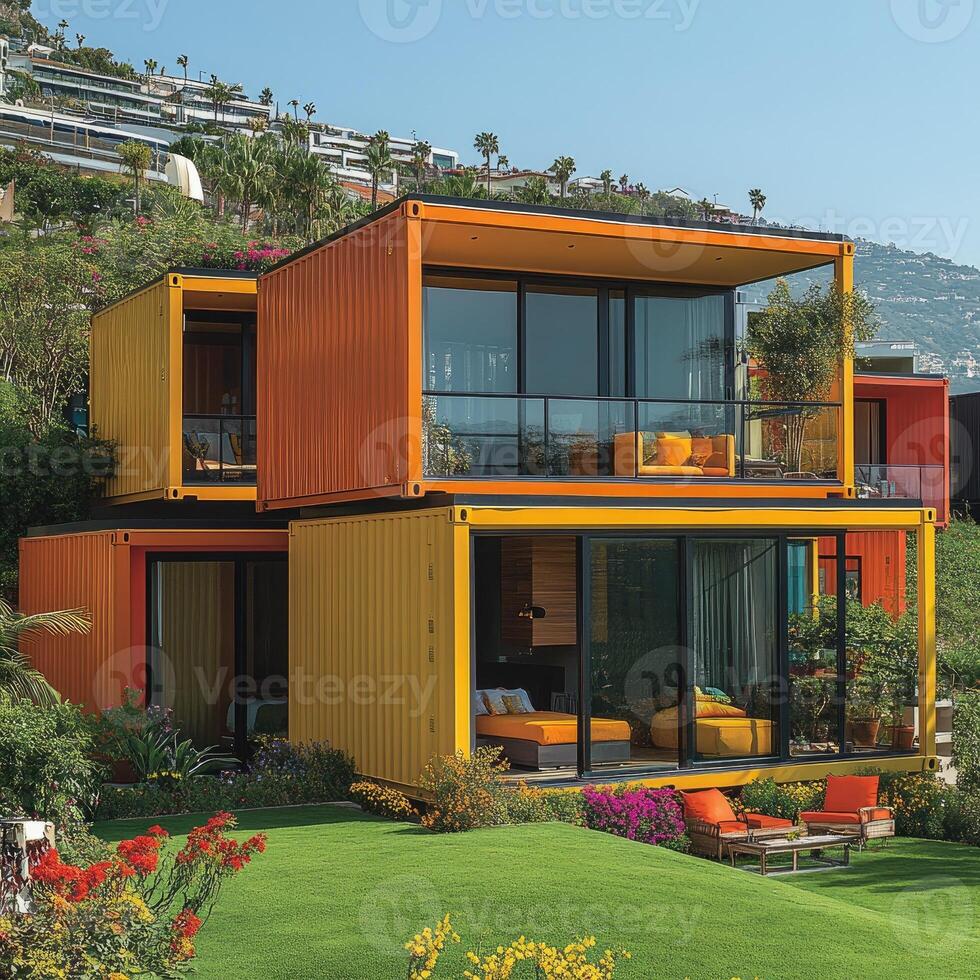 Modern container house with large windows overlooking tropical garden photo