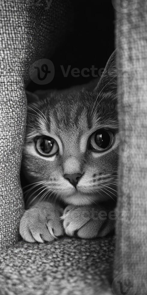 Curious cat hiding underneath furniture looking up with big eyes photo
